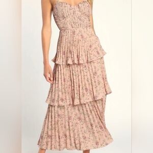Lulus Cascading Crush Pink Foral Tiered Midi Dress Medium NWT